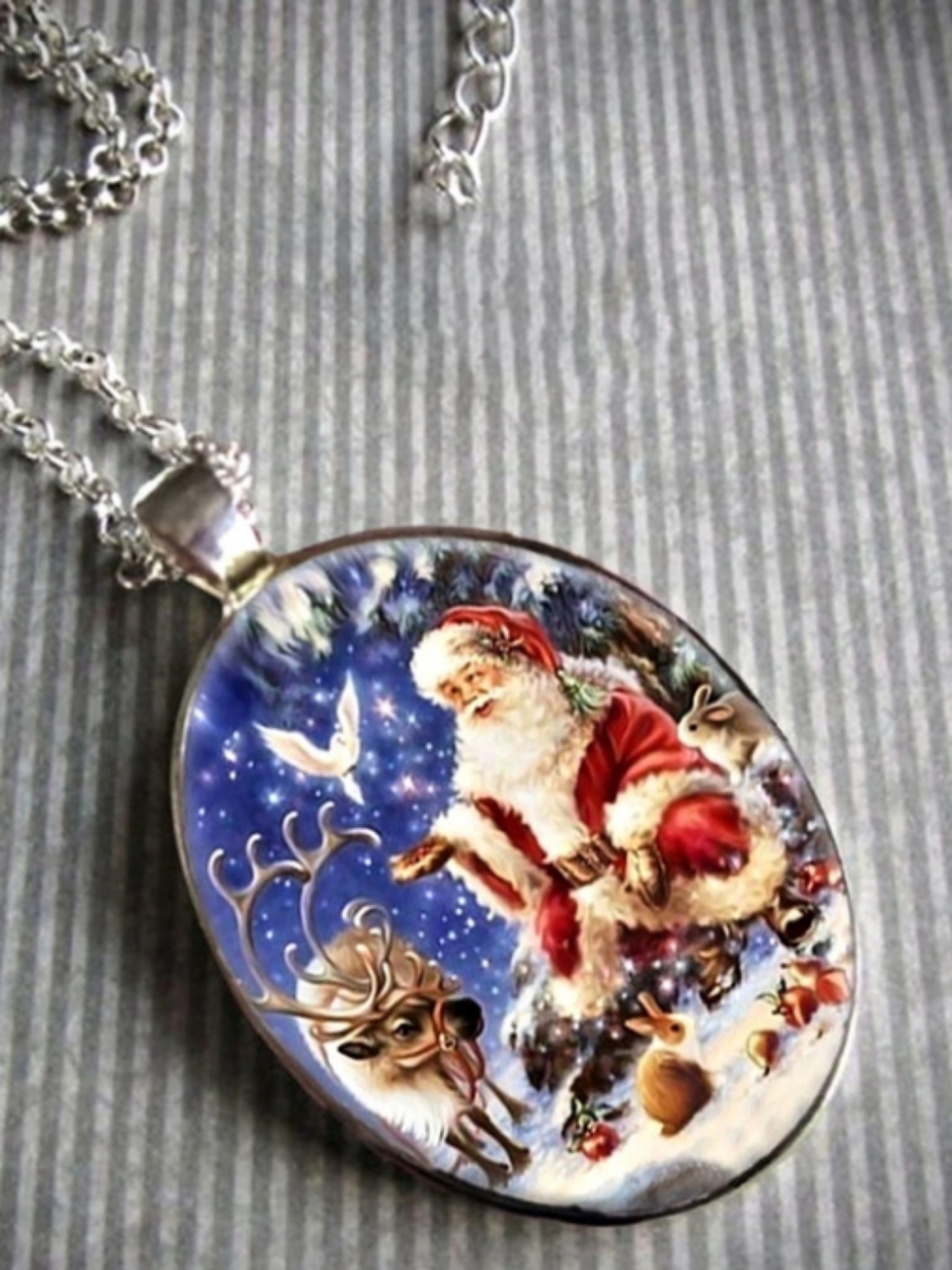 Santa Pendant Necklace in Blue & Red